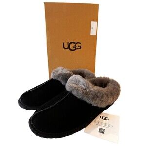 NEW UGG Moraene Black Suede Gray Fur Slippers Womens Size 8 Mule Clog NEW